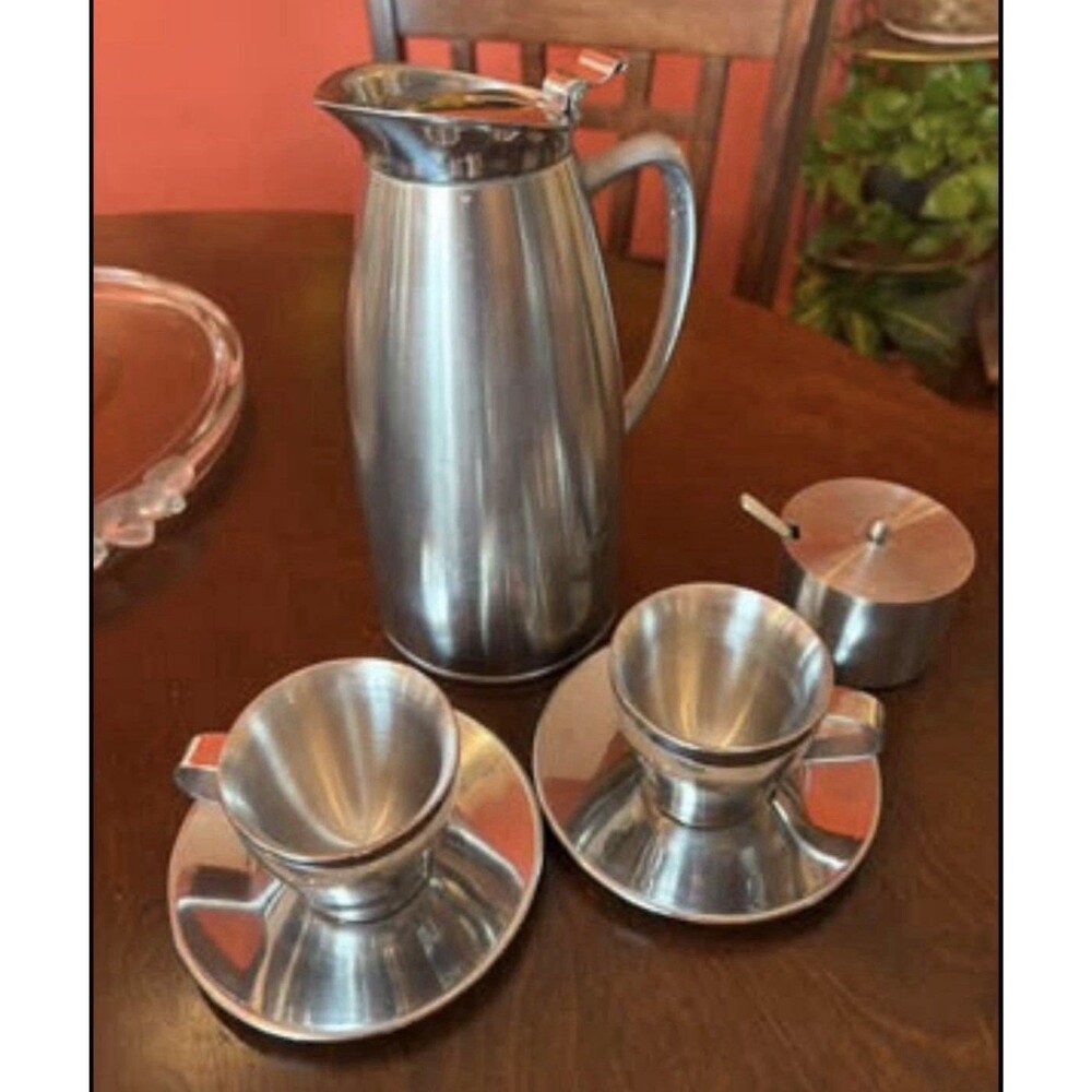 Stainless Steel Silver Tea Set Teapot Sugar Bowl Spoon 2 Cups 2 Saucers